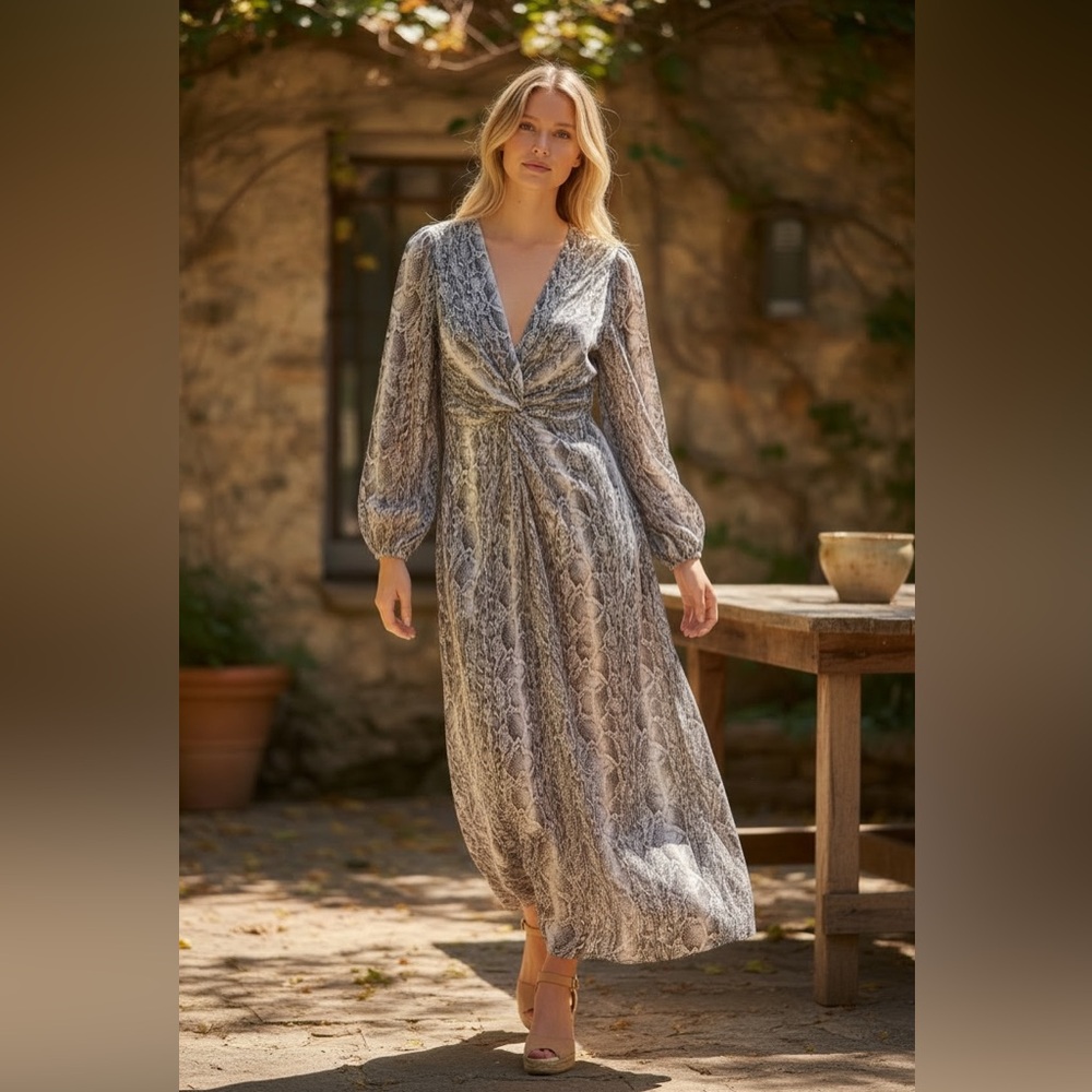 Inmod Snake Print Maxi Dress Long Sleeve Twist Front NWT Sz L
